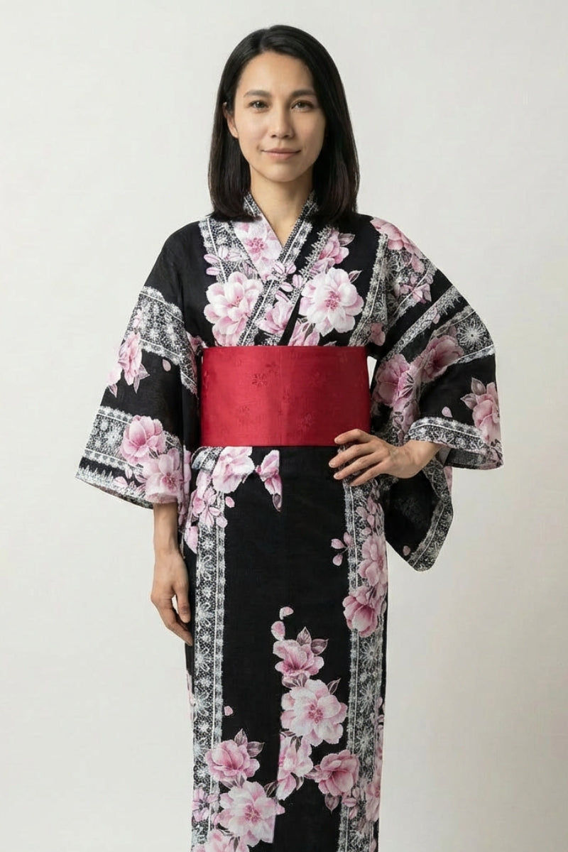 Kimono negro mujer Sakurako algodón motivo flores de cerezo sakura blanco rosa obi rojo talla única estilo streetwear japonés Ropa Japonesa