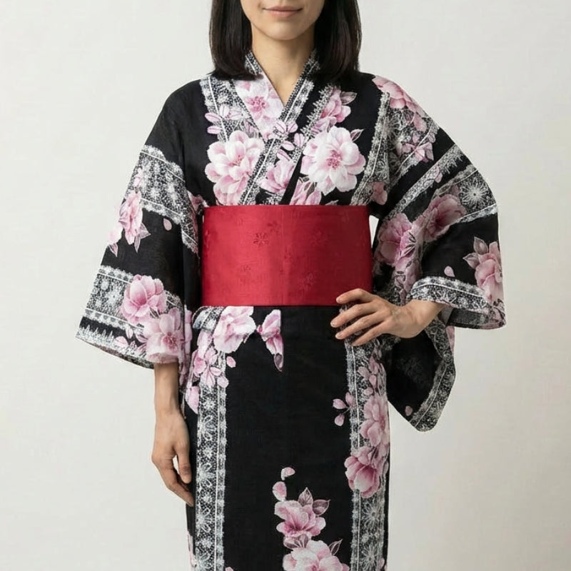 Kimono negro mujer Sakurako algodón motivo flores de cerezo sakura blanco rosa obi rojo talla única estilo streetwear japonés Ropa Japonesa