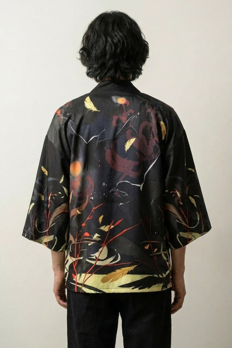 Kimono negro para hombre Artefact vista trasera con motivo de dragón ryu rojo hojas de ginkgo negro de algodón mangas tres cuartos streetwear japonés Ropa Japonesa