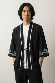 Kimono para caballero estampado Kanagawa Hokusai con motivo de la Gran Ola azul Prusia monte Fuji de algodón lino corte recto mangas tres cuartos estilo streetwear japonés Ropa Japonesa