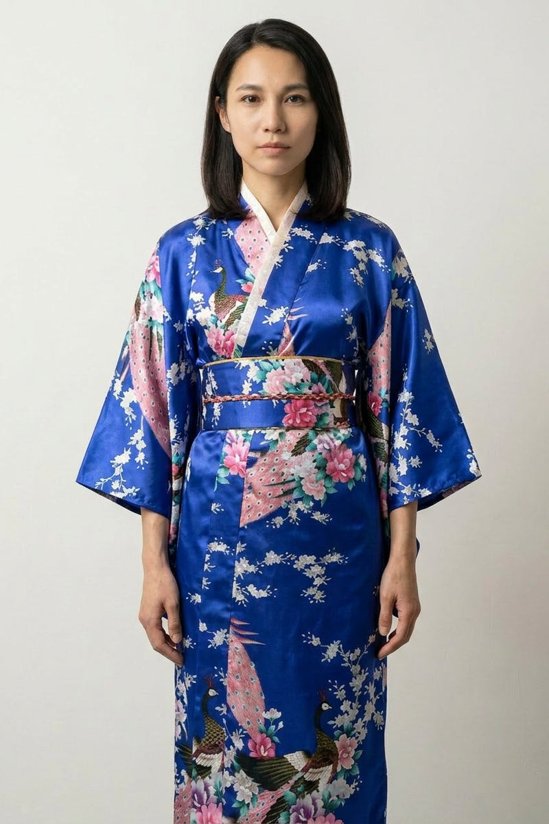 Kimono pavo real azul real Kujaku satinado pavo real plumaje dorado rosa verde peonías sakura composición kacho-ga obi talla única estilo streetwear japonés Ropa Japonesa