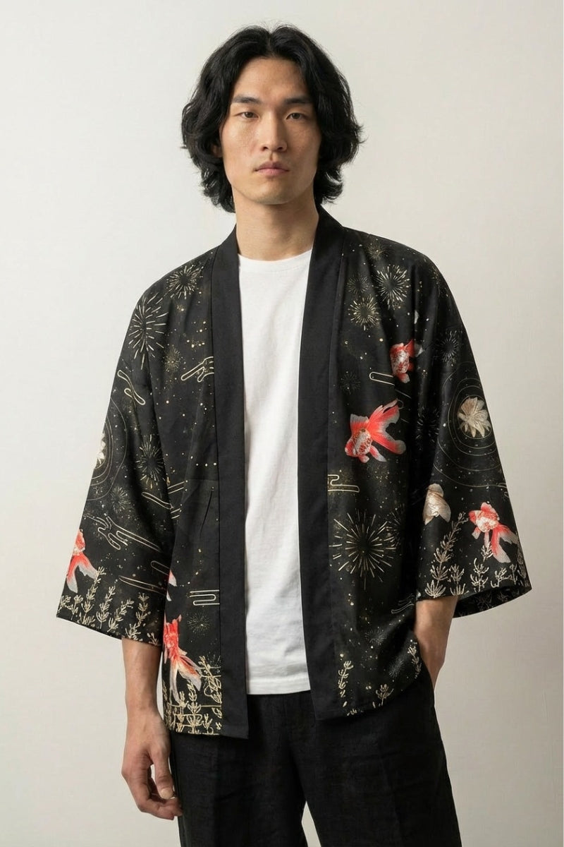 Kimono de playa para hombre Sadao con motivo de carpas koi rojas crisantemo blanco fuegos artificiales hanabi sobre fondo negro de algodón corte haori mangas tres cuartos streetwear japonés Ropa Japonesa