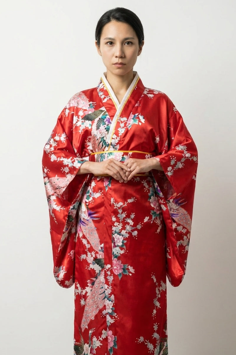 Kimono rojo pavo real Kurenai bermellón satinado pavos reales sakura blanco peonías rosas composición kacho-ga obi talla única estilo streetwear japonés Ropa Japonesa