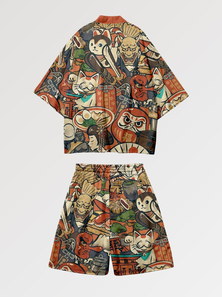 Conjunto de kimono 'Daruma x Neko' japonés con estampado de daruma y maneki-neko, símbolos de suerte y perseverancia, llevado estilo streetwear