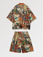 Conjunto de kimono 'Daruma x Neko' japonés con estampado de daruma y maneki-neko, símbolos de suerte y perseverancia, llevado estilo streetwear