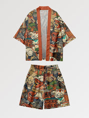 Conjunto de kimono 'Daruma x Neko' vista detalle del estampado daruma y maneki-neko, símbolos de suerte y perseverancia sobre tejido de poliéster