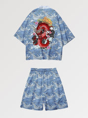 Conjunto de kimono 'Red Drake' japonés con estampado de un dragón rojo poderoso, llevado estilo streetwear