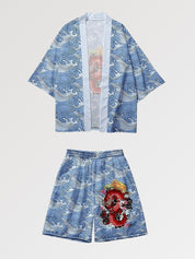 Conjunto de kimono 'Red Drake' vista detalle del estampado un dragón rojo poderoso sobre tejido de poliéster