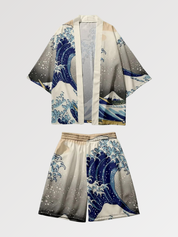 Conjunto de kimono 'Hokusai' vista detalle del estampado una composición de inspiración Hokusai sobre tejido de poliéster