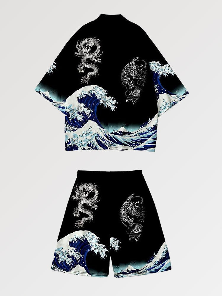 Conjunto de kimono 'Kanagawa' japonés con estampado de la Gran Ola de Kanagawa, llevado estilo streetwear