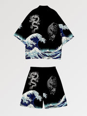 Conjunto de kimono 'Kanagawa' japonés con estampado de la Gran Ola de Kanagawa, llevado estilo streetwear