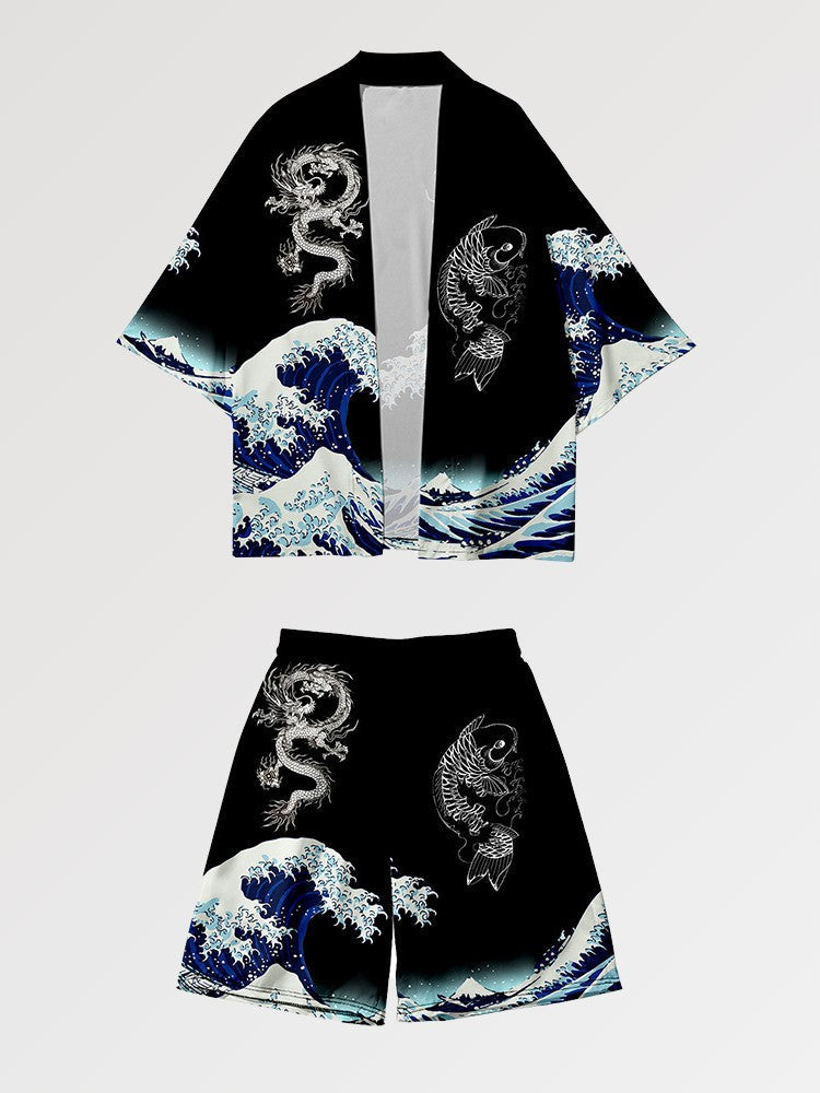 Conjunto de kimono 'Kanagawa' vista detalle del estampado la Gran Ola de Kanagawa sobre tejido de poliéster