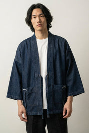 Kimono streetwear hombre Kazuko denim azul de algodón lavado corte haori mangas tres cuartos bolsillos de parche estilo streetwear japonés Ropa Japonesa