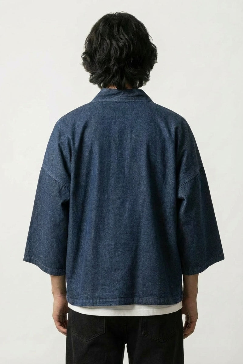 Kimono streetwear hombre Kazuko denim azul vista trasera de algodón lavado bolsillos de parche streetwear japonés Ropa Japonesa