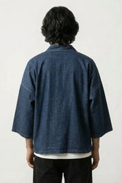 Kimono streetwear hombre Kazuko denim azul vista trasera de algodón lavado bolsillos de parche streetwear japonés Ropa Japonesa