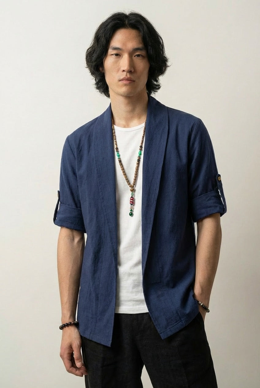 Traje kimono hombre Shigeru azul marino largo cuello chal corte entallado mangas largas estilo streetwear japonés Ropa Japonesa
