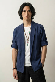 Traje kimono hombre Shigeru azul marino largo cuello chal corte entallado mangas largas estilo streetwear japonés Ropa Japonesa