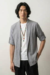 Traje kimono hombre Shigeru gris largo cuello chal corte entallado mangas largas estilo streetwear japonés Ropa Japonesa