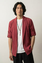 Traje kimono hombre Shigeru rojo largo cuello chal corte entallado mangas largas estilo streetwear japonés Ropa Japonesa