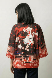 Kimono Kitsune Hirokomi Yubesa vista trasera rojo máscara kitsune sakura streetwear japonés Ropa Japonesa