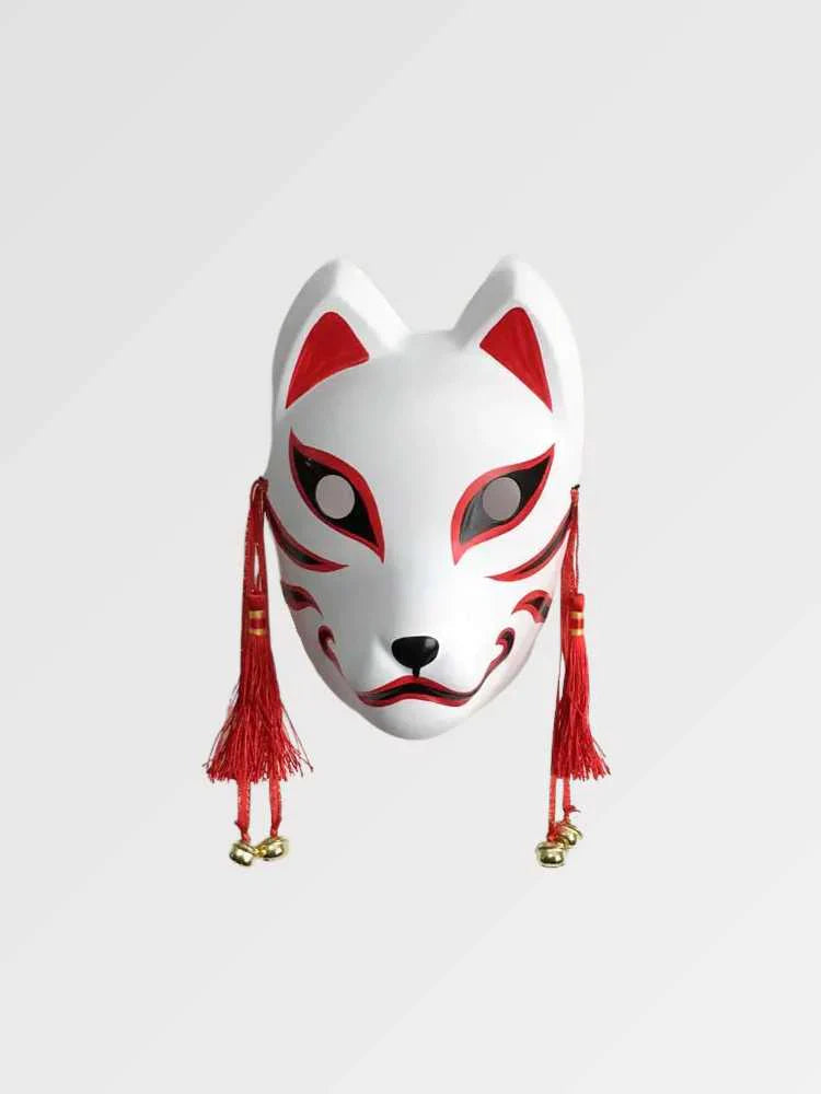 Máscara Kitsune tradicional zorro blanco mensajero de Inari con cascabeles dorados en resina Ropa Japonesa