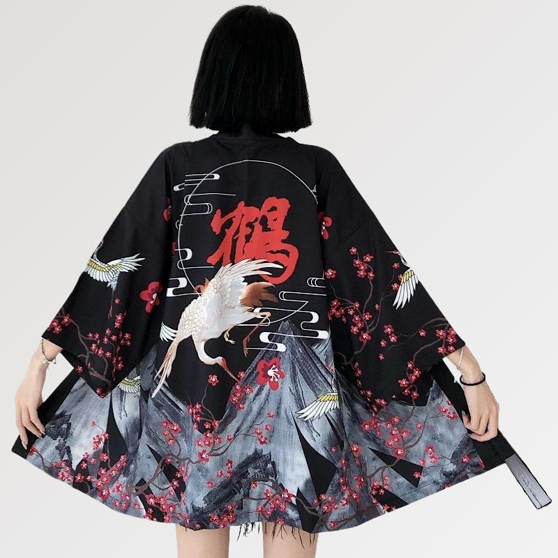 Chaqueta kimono ligera para mujer con múltiples símbolos japoneses