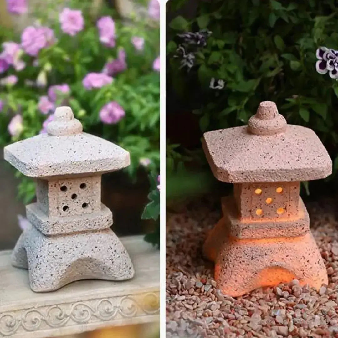 Linterna japonesa antigua tōrō de piedra beige rosada de textura bruta wabi-sabi Ropa Japonesa