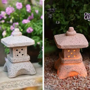 Linterna japonesa antigua tōrō de piedra beige rosada de textura bruta wabi-sabi Ropa Japonesa