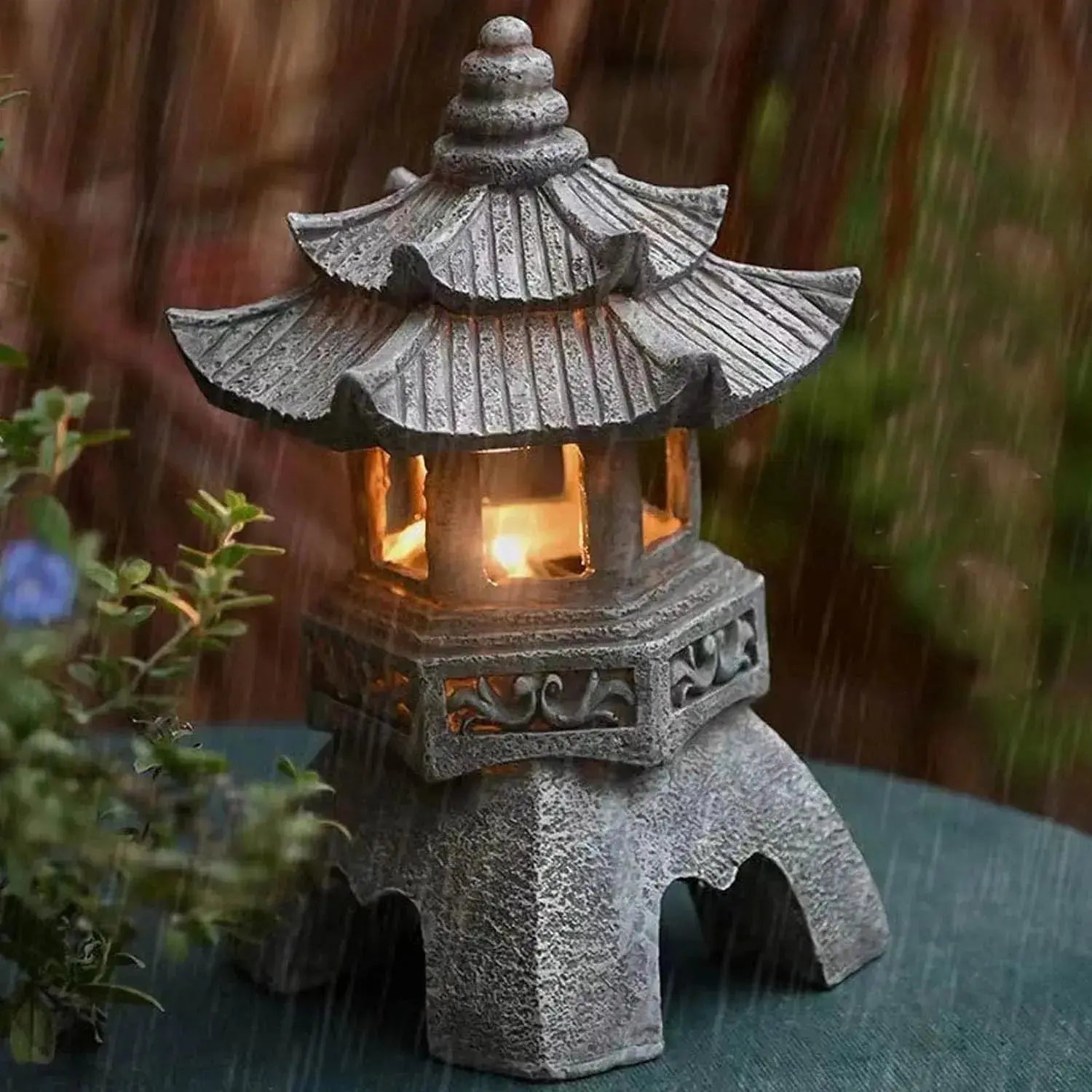 Farol japonés de jardín Midori pagoda multipiso tahōtō de piedra verde con LED Ropa Japonesa