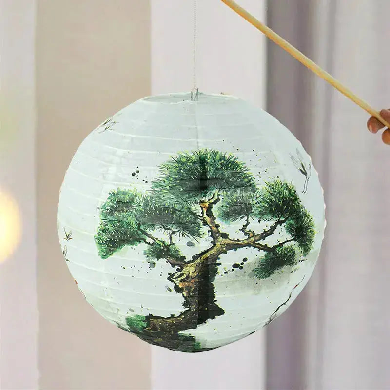 Linterna japonesa de papel Katori esférica pintada a mano al sumi-e con borla Ropa Japonesa