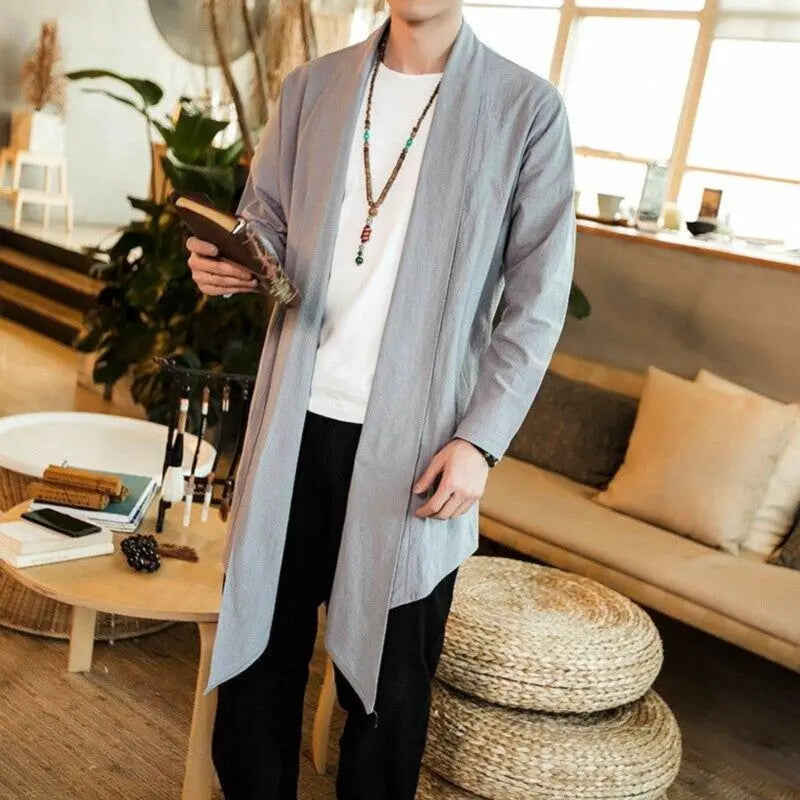 Cárdigan kimono de manga larga para hombre en color liso