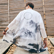 Chaqueta larga de kimono blanco con estampado japonés de paisajes neblinosos
