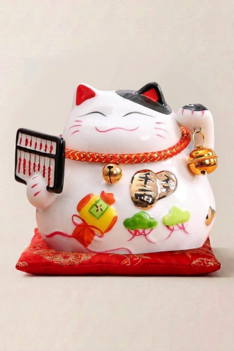 Hucha maneki neko 'Lucky Abacus' de cerámica — gato blanco sosteniendo un ábaco negro, motivos florales en el vientre y cascabeles, sobre un cojín rojo