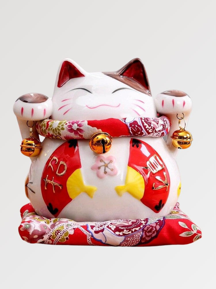 Hucha maneki-neko Suerte Doble Anillo con doble koban y cinta festiva de porcelana pintada a mano Ropa Japonesa