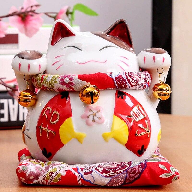 Hucha maneki-neko Suerte Doble Anillo con doble koban y cinta festiva de porcelana pintada a mano Ropa Japonesa
