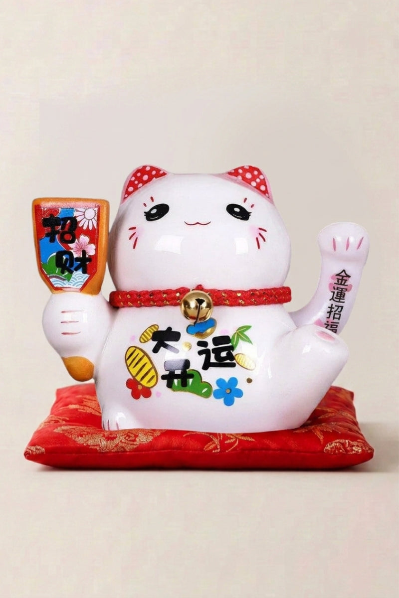 Hucha maneki neko 'Peace and Love' de cerámica — gato blanco sosteniendo una placa de colores con las dos patas, orejas y mejillas rosadas, sobre un cojín rojo