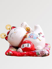 Hucha maneki-neko Daruma con pequeño daruma rojo asociado de porcelana pintada a mano Ropa Japonesa