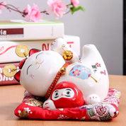 Hucha maneki-neko Daruma con pequeño daruma rojo asociado de porcelana pintada a mano Ropa Japonesa