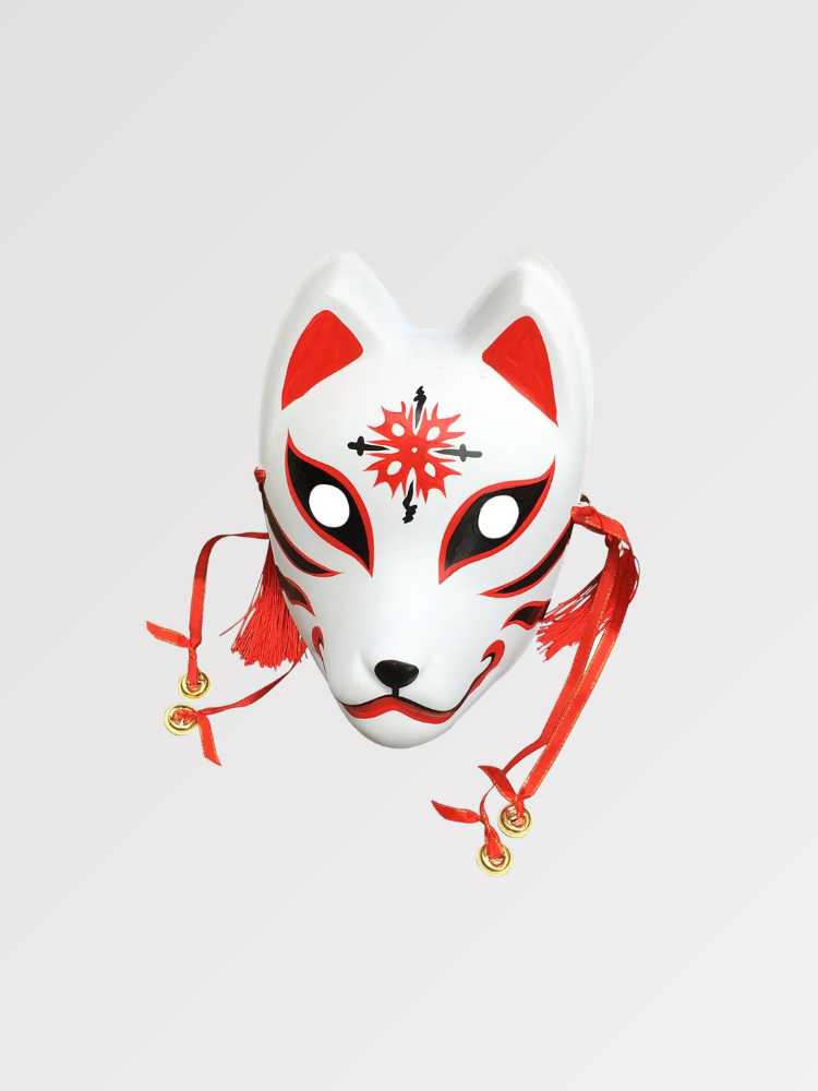 Máscara de mujer japonesa Hoshi zorro con sello estrellado rojo y cintas con cascabeles en resina Ropa Japonesa
