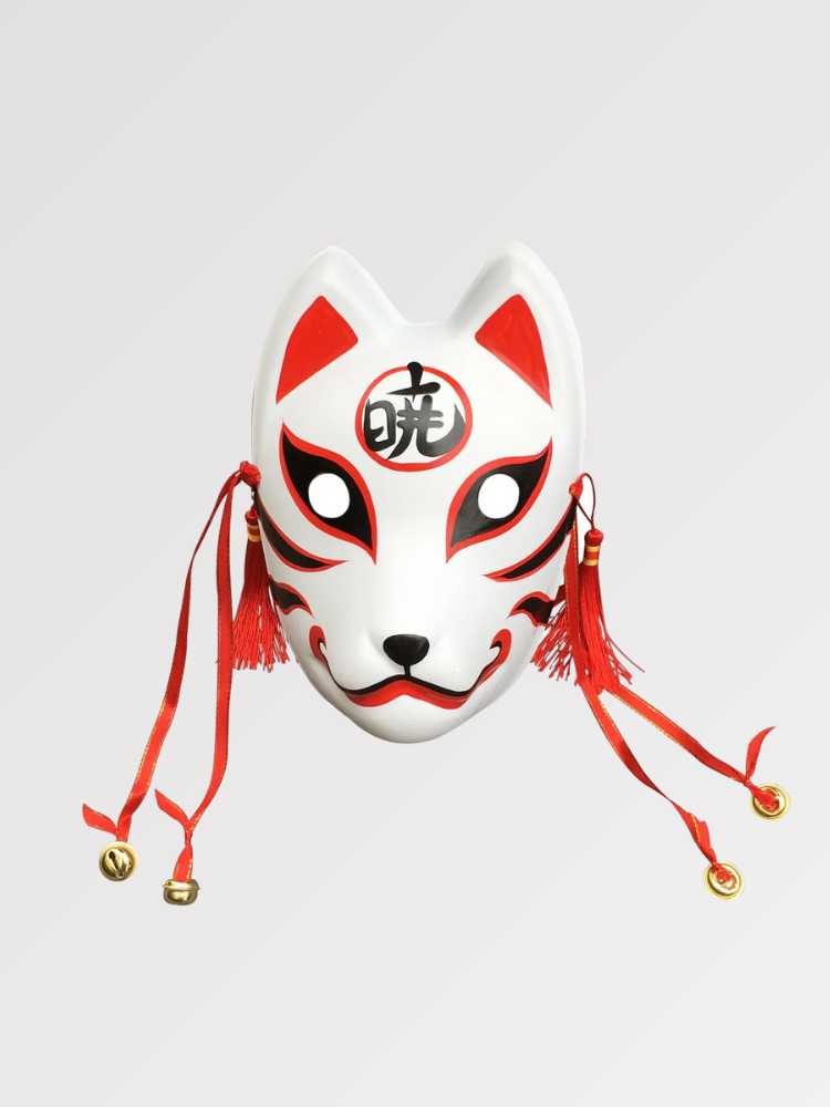 Máscara de zorro japonés Hoshi con kanji de aurora y cintas rojas con cascabeles en resina Ropa Japonesa
