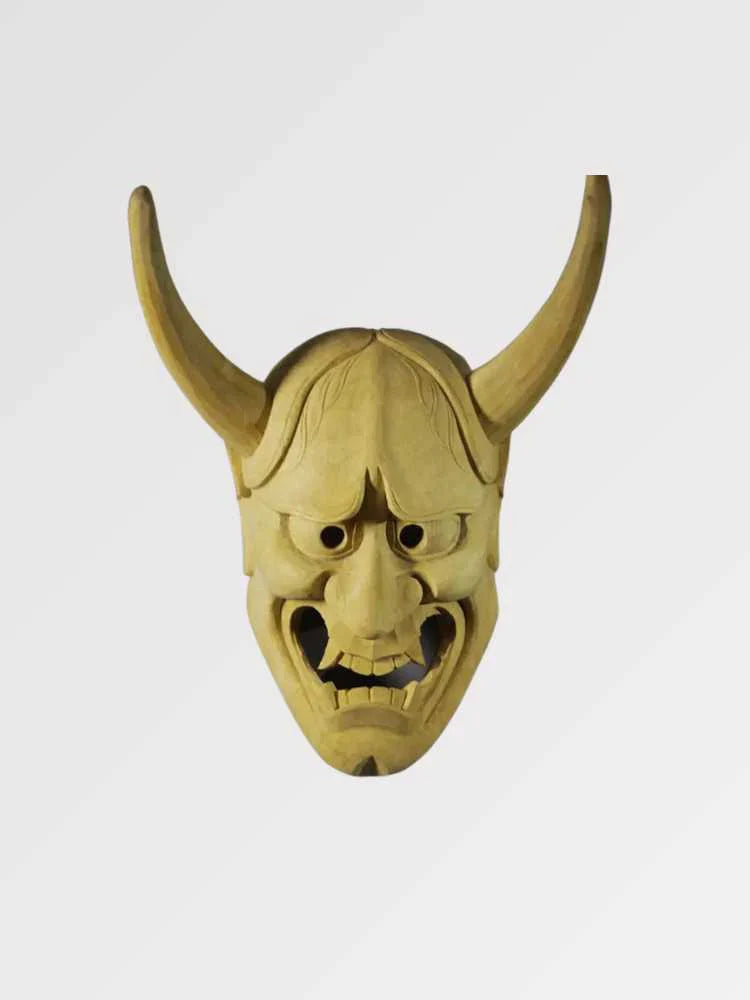 Máscara del diablo japonés Oni hannya nō en imitación madera clara hinoki esculpida Ropa Japonesa