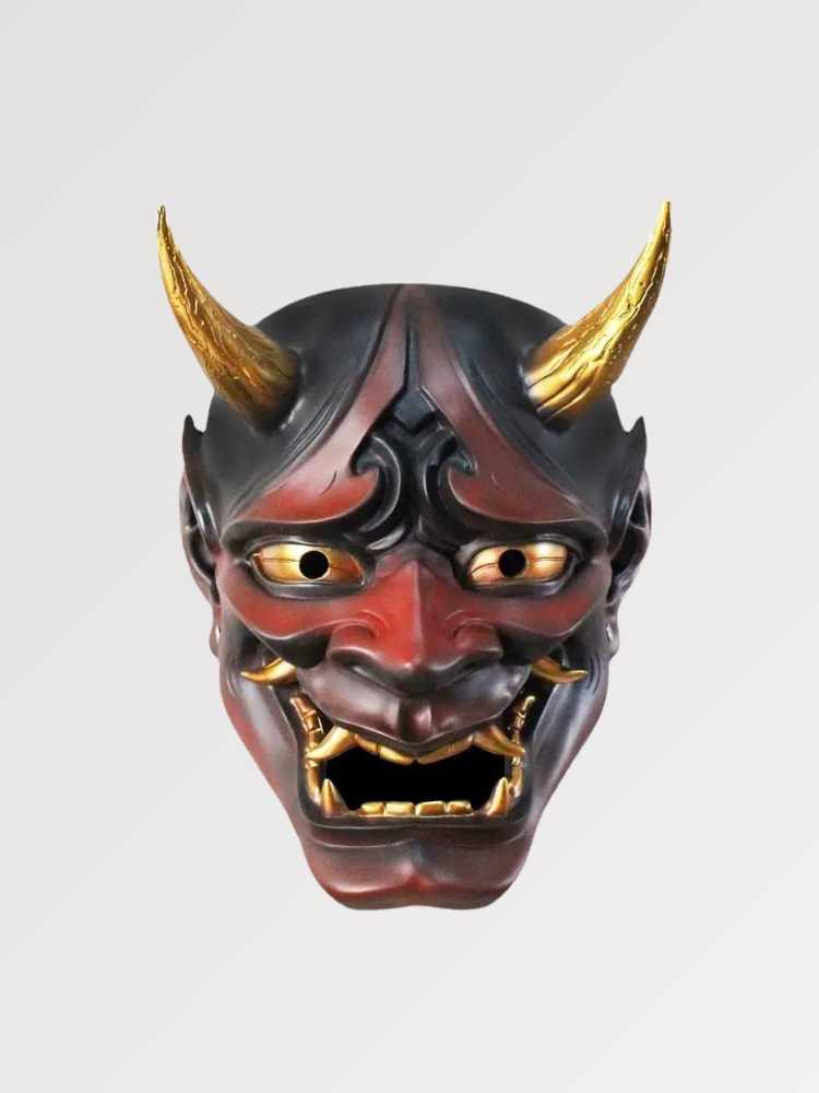 Máscara demoníaca japonesa Hannya azul índigo del teatro nō con cuernos y colmillos dorados en resina Ropa Japonesa