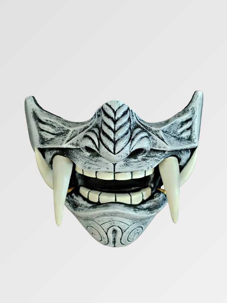 Máscara facial japonesa mempō gris piedra patinado de armadura samurái con colmillos en resina Ropa Japonesa