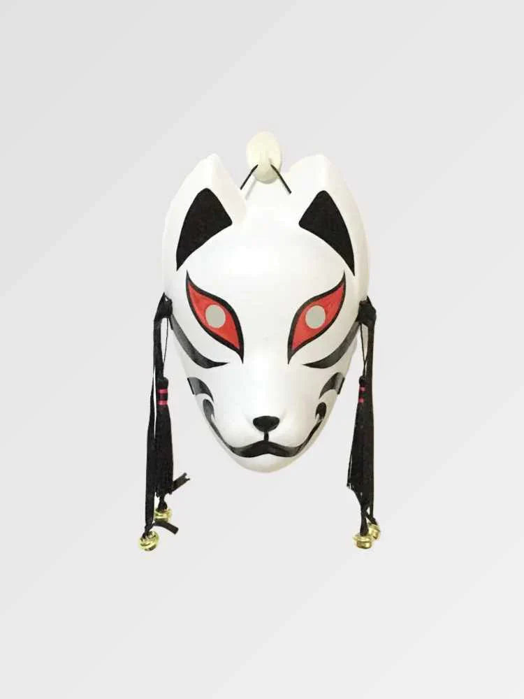 Máscara japonesa Kitsune Hoshi de ojos rojos y orejas negras con cintas negras en resina Ropa Japonesa