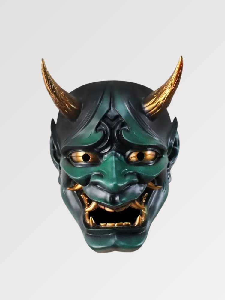 Máscara oni japonesa Hannya roja burdeos del teatro nō con cuernos y colmillos dorados en resina Ropa Japonesa