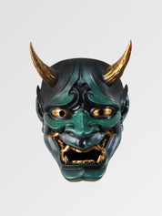 Máscara oni japonesa Hannya roja burdeos del teatro nō con cuernos y colmillos dorados en resina Ropa Japonesa