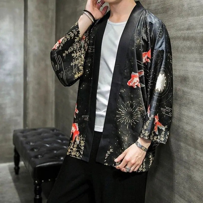Kimono de playa para hombre con diseño japonés de pez y flor de loto