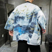 Abrigo kimono vintage para hombre con estampado de paisaje nórdico japonés