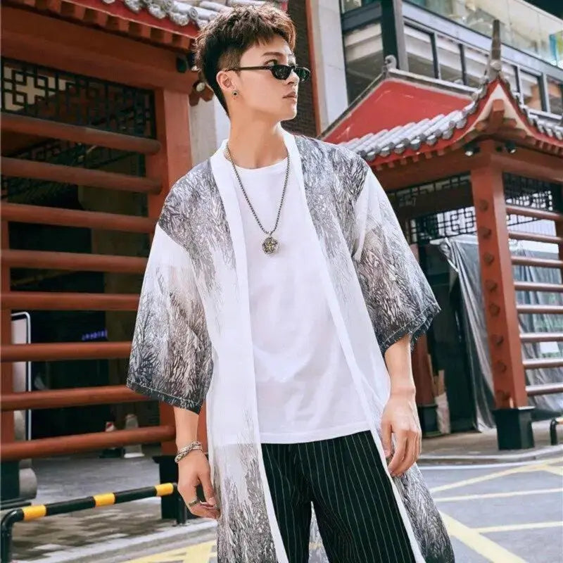 Kimono largo para hombre con estampado japonés sencillo y moderno