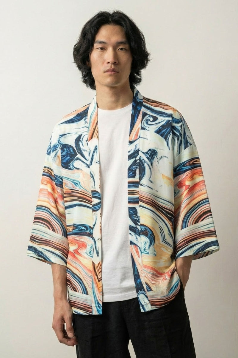 Chaqueta kimono moderna para hombre Kaito Edition con motivo de mármol fluido remolinos naranja azul blanco abstracto contemporáneo de algodón corte haori mangas tres cuartos streetwear japonés Ropa Japonesa